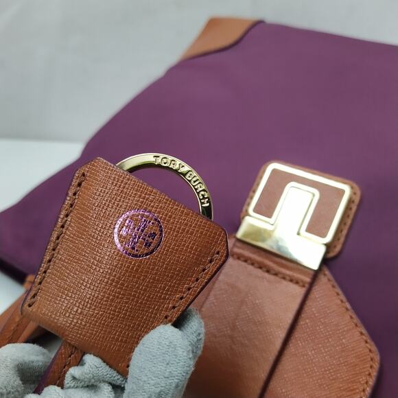 Tory Burch Purple Nylon Brown Leather Trim Double Handle Satchel Shoulder Bag - Picture 5 of 16